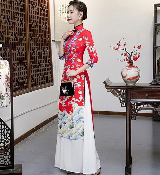 

large size womens ao dai evening cheongsam wedding party red dress chinese style elegant qipao long gowns retro ankle-length1