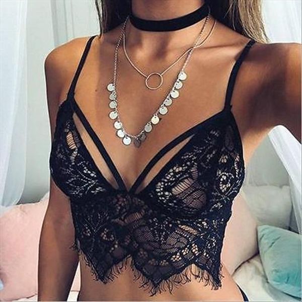 

women lace tanks spaghetti strap deep v neck floral bralette bralet bra crop camis unpadded, White