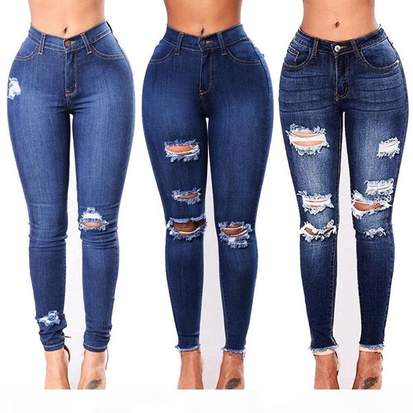 

new stylish womens high waisted skinny ripped denim pants slim pencil jeans trousers plus size 3 styles, Blue