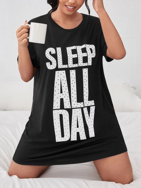 

plus slogan graphic & polka dot nightdress c0d4#, Black;white