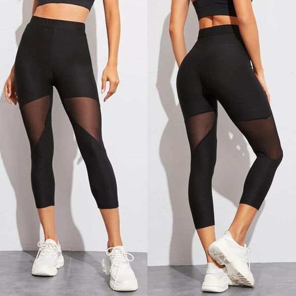 

hollow out womens fitness leggings mesh splice stretchy workout leggings women cropped sport pants bodybuilding mujer, Black