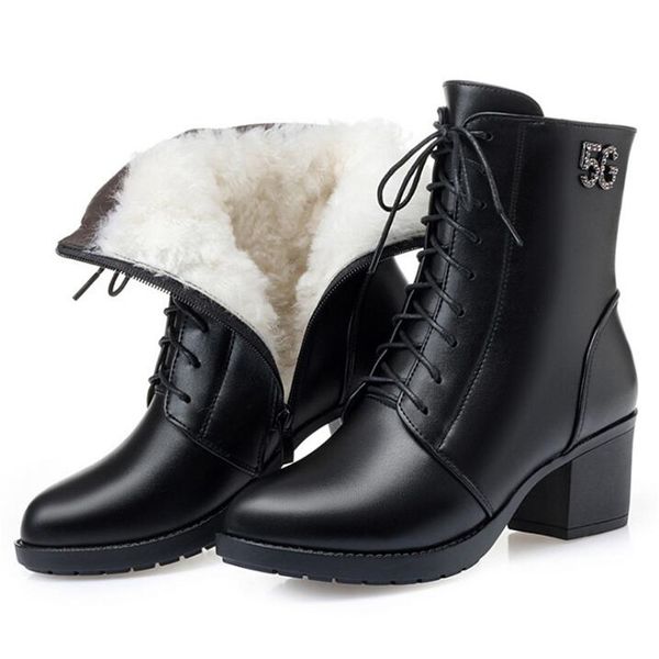 

boots temperament winter women's high heel thick with genuine leather plus plush / wool warm snow, Black