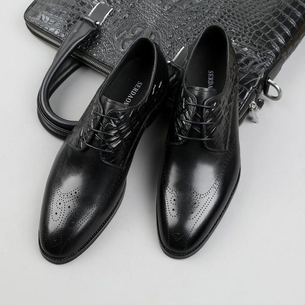 

fashion british men's shoes crocodile embossed pointed single shoes youth high-heeled leather men's business dress oxfords, Black