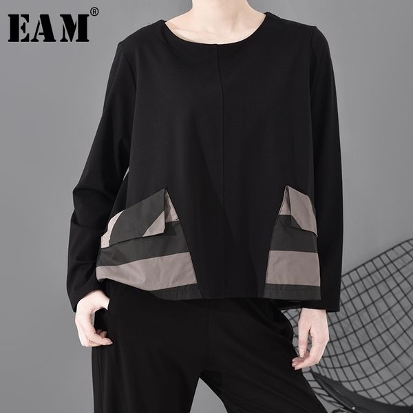 

[eam] women black striped pocket split joint temperament t-shirt new round neck long sleeve fashion spring autumn 1s689 201028, White
