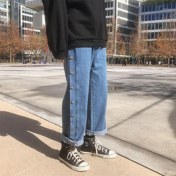 

men loose jean pants harajuku vintage harem pant button decoration zipper trousers casual oversize track pants straight pant1, Black