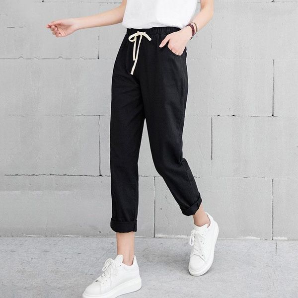 

new women casual harajuku spring autumn big size long trousers solid elastic waist cotton linen pants ankle length haren pants, Black;white