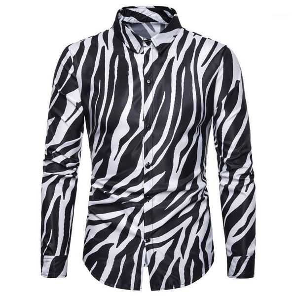 

2019 new nightclub party zebra striped mens shirts casual slim fit long sleeve camisa social mens dress shirts chemise homme 3xl1, White;black