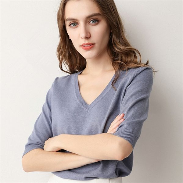 Senhoras Primavera Verão Mulheres Suéteres Sólidos Volto Volecinho Meia Manga Meios De Tricô Fino Fino Slim Slim Camisola Casual Tops Feminino 201223