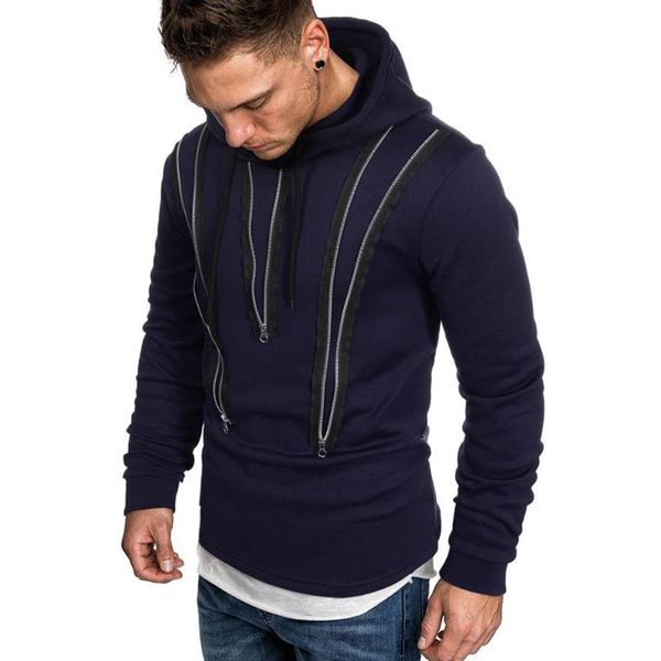 

men hooded patchwork hoodies men zipper decoration long sleeve sweatshirt outwear coat leisure clothes, Black