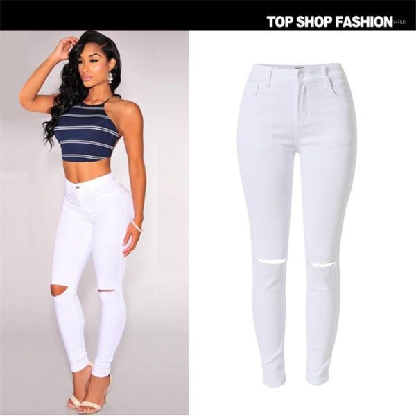 

new fashion 2020 high elastic cotton women's white high waist jeans ripped hole knee skinny pencil pants slim capris1, Blue