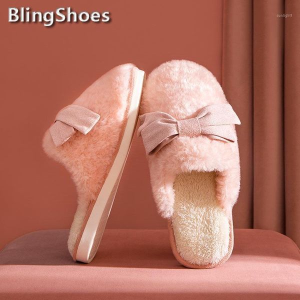 

slippers 2021 winter women warm plush cute bow fur bedroom couples flat shoes house buttterfly-knot ladies furry slippers1, Black