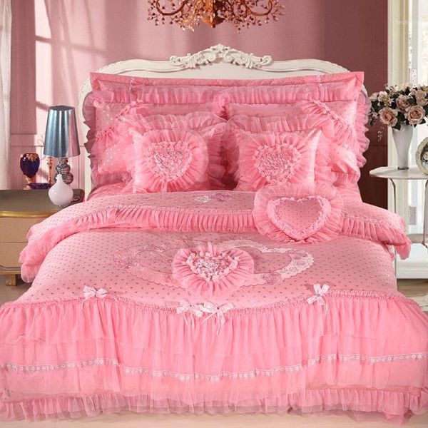 

silk cotton luxury bedding set king  size bed set wedding gift pink red bedspread duvet cover decorative pillowcase1