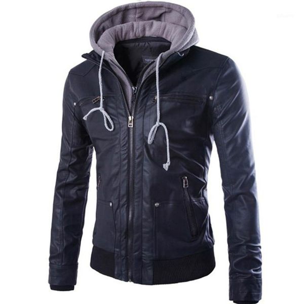 

male motorcycle leather clothing outerwear men winter for mem hooded leather jacket coat fake two men's pu jacket men1, Black;brown