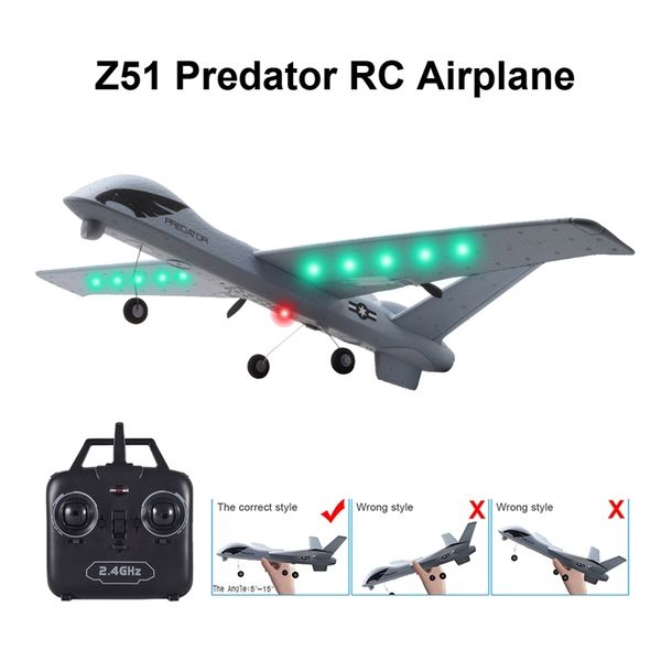 

rc airplane plane z51 20 minutes fligt time gliders 2.4g flying model with led hand throwing wingspan foam plane toys kids gifts y200413