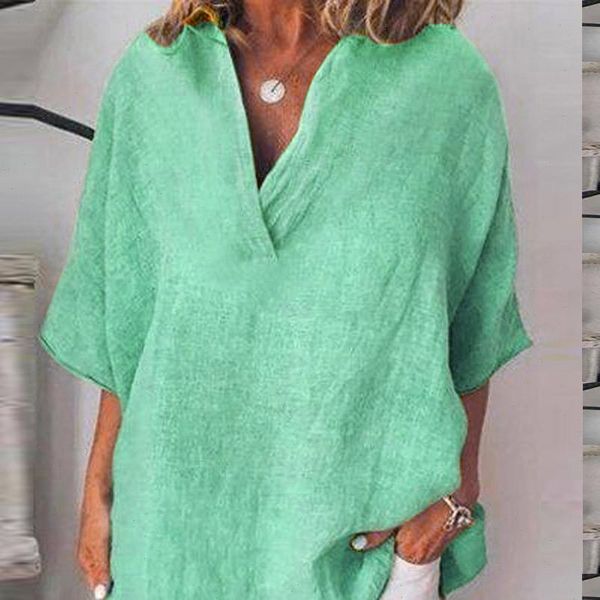 

cotton and linen women blouses short sleeve v neck casual loose ladies plus size blouse grote maten dames 45, White