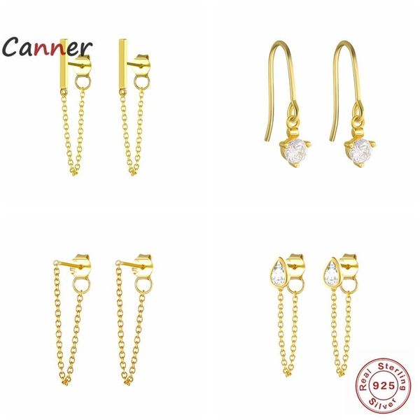 

hoop & huggie canner 925 sterling silver chain earrings for women long tassel zircon cz earring wedding gifts jewelry pendientes brinco, Golden;silver