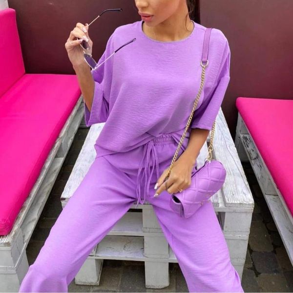 

women's tracksuits drawstring casual solid color two piece set summer 2021 women purple wide leg pants and t-shirt loose sport suit lei, Gray