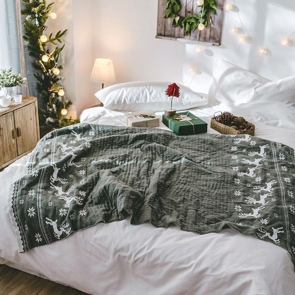 

blankets lyn&gy christmas elks knit blanket red grey acrylic snowflake cover on sofa bed for home plaids bedspreads year decoration1