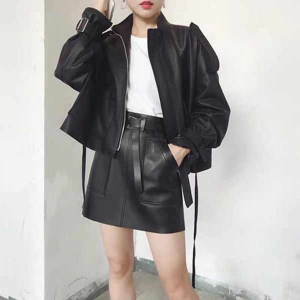 

women's leather & faux genuine jacket plus size autumn women real sheepskin windbreaker 2021 korean fashion clothes, Black