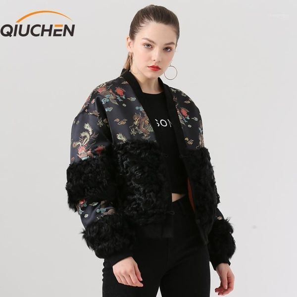 

qiuchen pj19052 2019 new arrival chinese styles lamb jacket real sheep fur women winter jacket fashion model1, Black