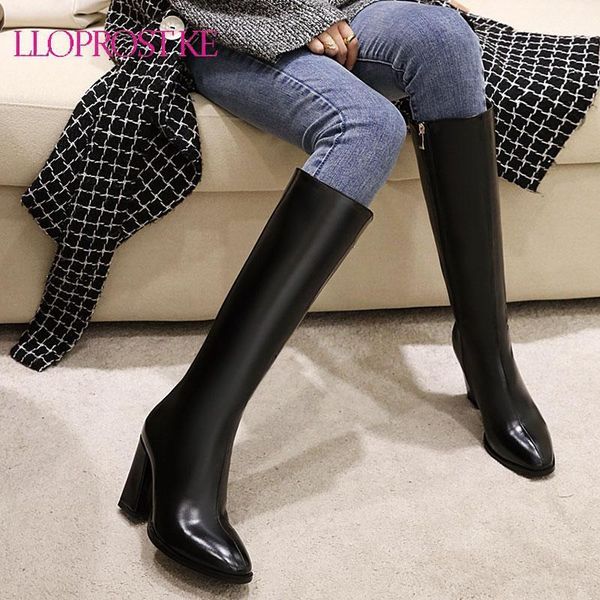 

lloprost ke 2020 pointed toe zipper ladies pumps square high heel concise women shoes pu leather fashion knee high boots size 481, Black