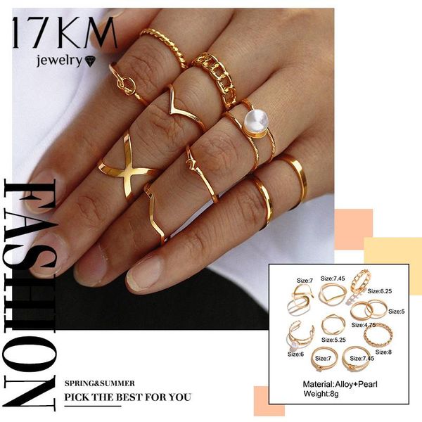 

17km 10шт / набор vintage pearl кольцо золота цвет кольца набор для женщин богемского геометрической крест кольца ювелирных изделий способ п, Black;white