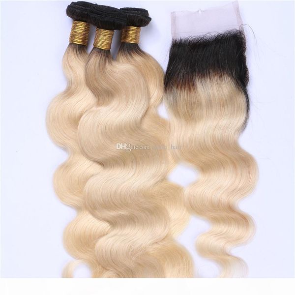 

dark roots 1b 613 body wave hair with lace closure ombre color body wave hair weft 3bundles with closure 4pcs lot, Black;brown