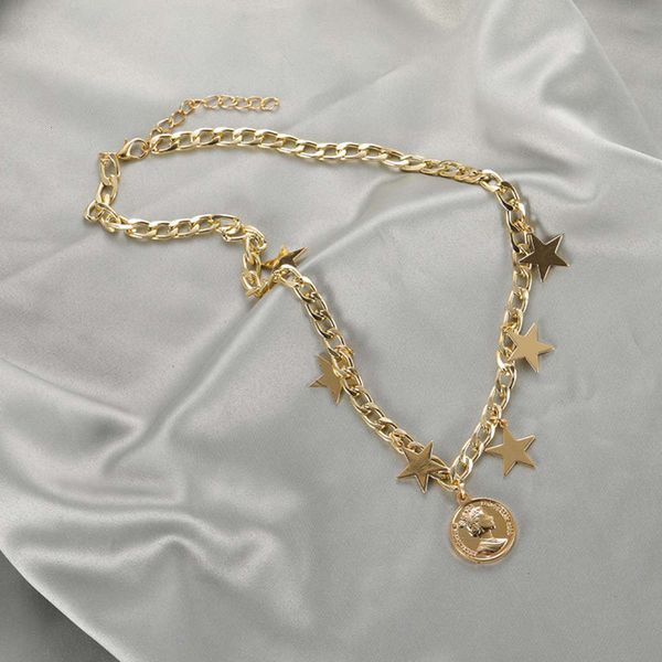 

star pentagram single portrait layer head head round brand lady thick chain chain chain necklace jewelry, Silver