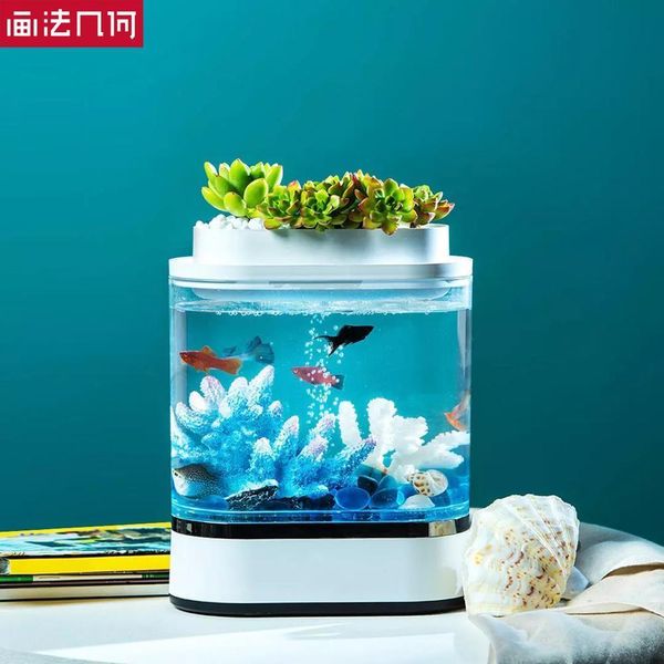 YouPin Geometrie Mini Lazy Fish Tank USB Ladestelle selbstverpackte kleine Wassergarten Tank Aquarium mit 7 Farben LED Light Y200922