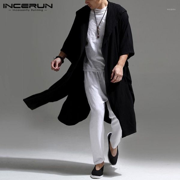 

vintage men outerwear cotton hooded 3/4 sleeve solid open stitch coats poncho streetwear casual mens trench cardigan incerun1, Tan;black