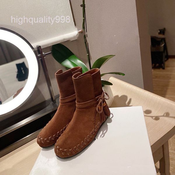 

boots leather women's boots autumn and winter frosted round head woven martin tassel flat bottomed short, Black