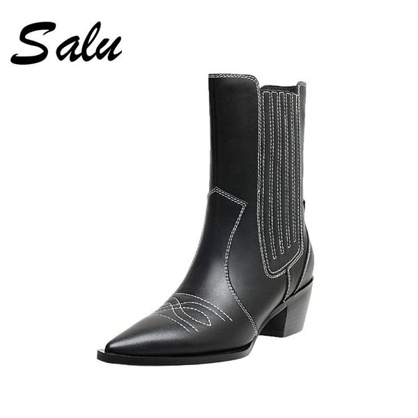 

salu 2020 cow leather women shoes square high heel fashion ankle boots autumn winter pointed toe women boots big size 34-40, Black