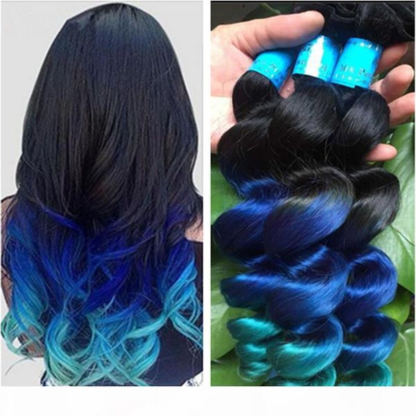 

new arrive ombre loose wave hair extensions 3pcs lot three tone 1b blue green ombre brazilian wavy human hair weave bundles, Black;brown