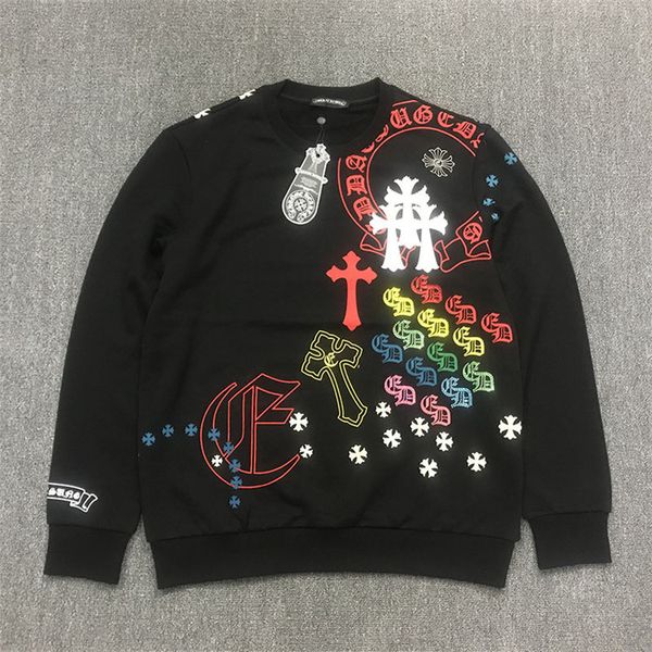 

chao brand chromehearts croxin cross color sanskrit drill round neck pullover, Black