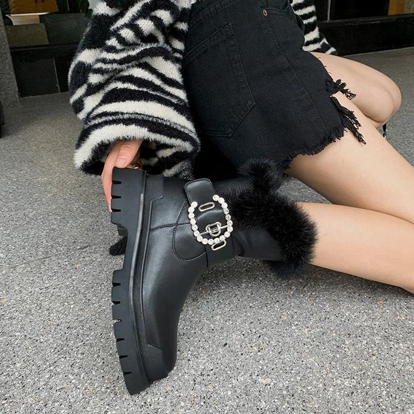

russian winter women ankle boots split leather + fur thick plush lining winter booties round toe shoes for women, Black