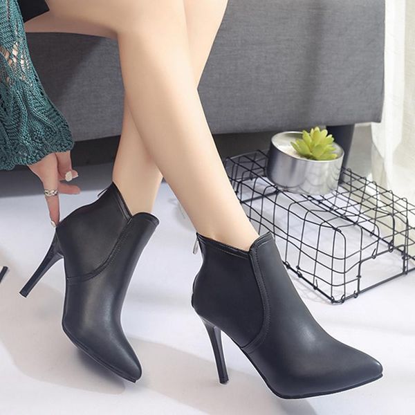 

pointed toe ankle boots for women shoes solid pu flock autumn winter boots female thin high heels zip ladies shoes woman1, Black