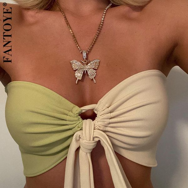 

fantoye bandage halter neck patchwork crop women green knit backless slim camis color matching clubwear tank 2021 c0129, Black;gray