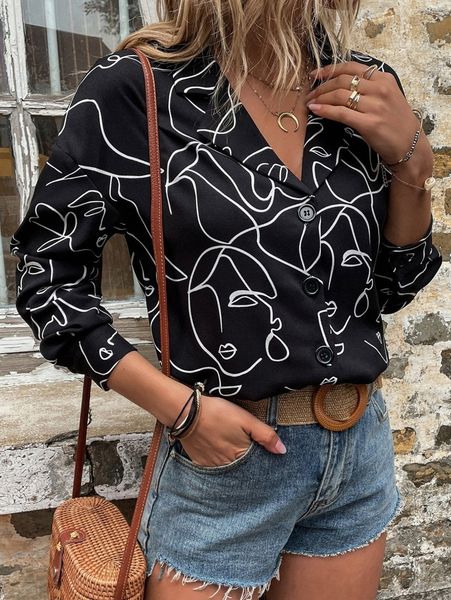 

abstract figure graphic lapel neck blouse u566#, White