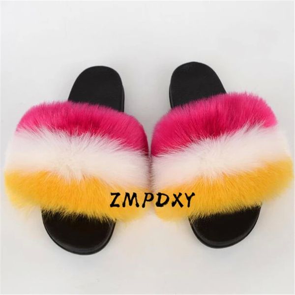 

women's faux raccoon fur slippers ladies fake fur slides indoor furry plush shoes woman flip flops female fluffy sandals #lr48, Black