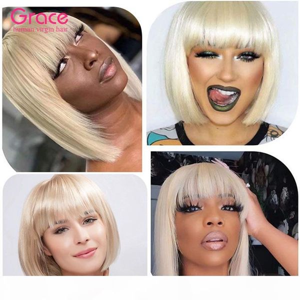

blonde bob wig pre plucked hairline pixie cut short human hair non lace wig with bangs #613 full malaysian remy straight glueless bob wigs, Black;brown