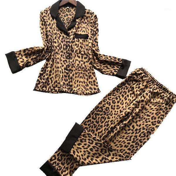 

2020 silk pajamas for women summer pyjamas sets long sleeve coat pants 2 pieces pijamas leopard homewear sets plus size1, Black;red