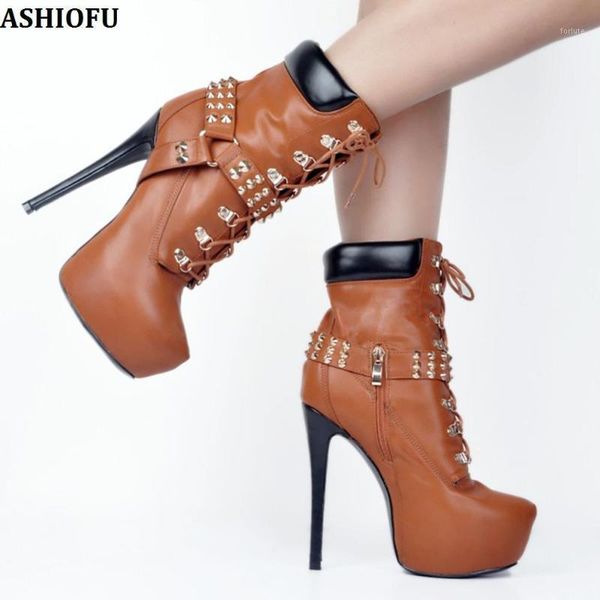 

ashiofu handmade new ladies high heel boots rivets spikes platform ankle boots club evening winter fashion short1, Black