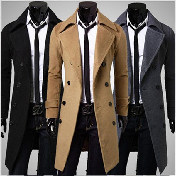 

coat men's jacket long double breasted wool coat casual solid slim jacket men's clothing autumn winter abrigo hombre, Tan;black
