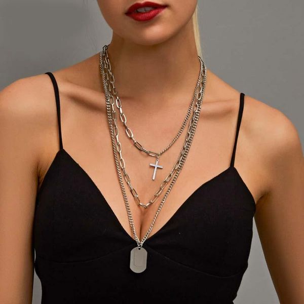 

fashion multi-layer sweater chain punk style exaggerated cross necklace street hip hop three-piece necklace, Silver