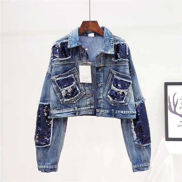 

sleeve spring autumn new 2020 batwing breasted 3aj633 single [ewq] coat short loose denim jacket fashion sequins women lapel rnxsg, Black