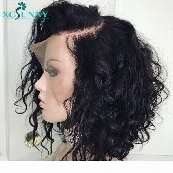 

bob lace front wigs human hair pre plucked short water wave 13x4 frontal wig remy brazilian 4x4 closure wig for women xcsunny, Black;brown
