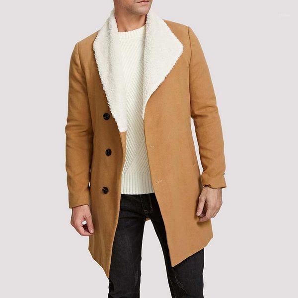 

fashion men trench slim mid-length polar fleece men's solid color windbreaker long-length long sleeve coat men's jacket 20201, Tan;black