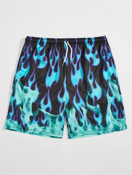 

romwe guys fire graphic drawstring shorts o7r4#, Black