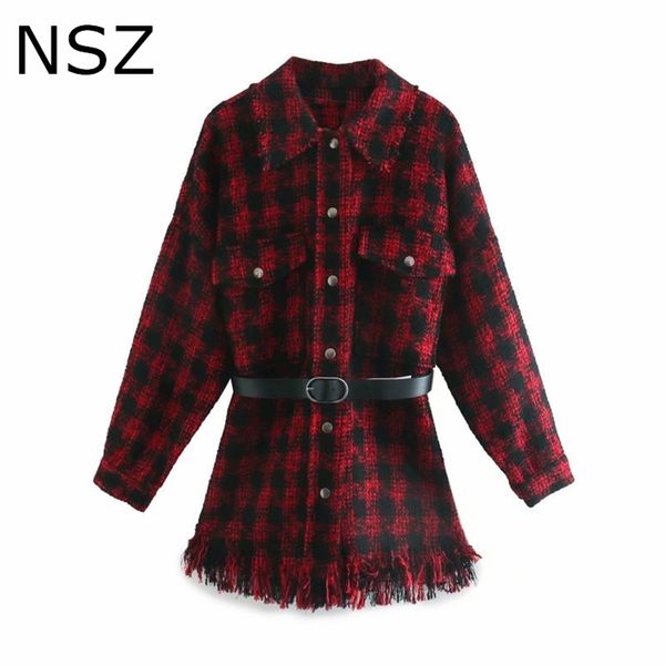 NSZ Mulheres Vermelho Houndstooth Oversized Tweed Jacket Queda Moda Moda Lã De Lã Blend Coat Borla Centrado Verificado Outerwear Chapaqueta 201026