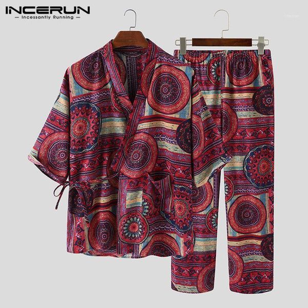 

cotton printing men sets half sleeve streetwear v neck casual kimono pants vintage ethnic style men sets homewear incerun1, Gray